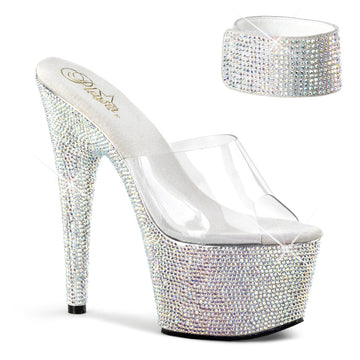 Clear Diamond Platform Slide Heels with Rhinestone Ankle Strap